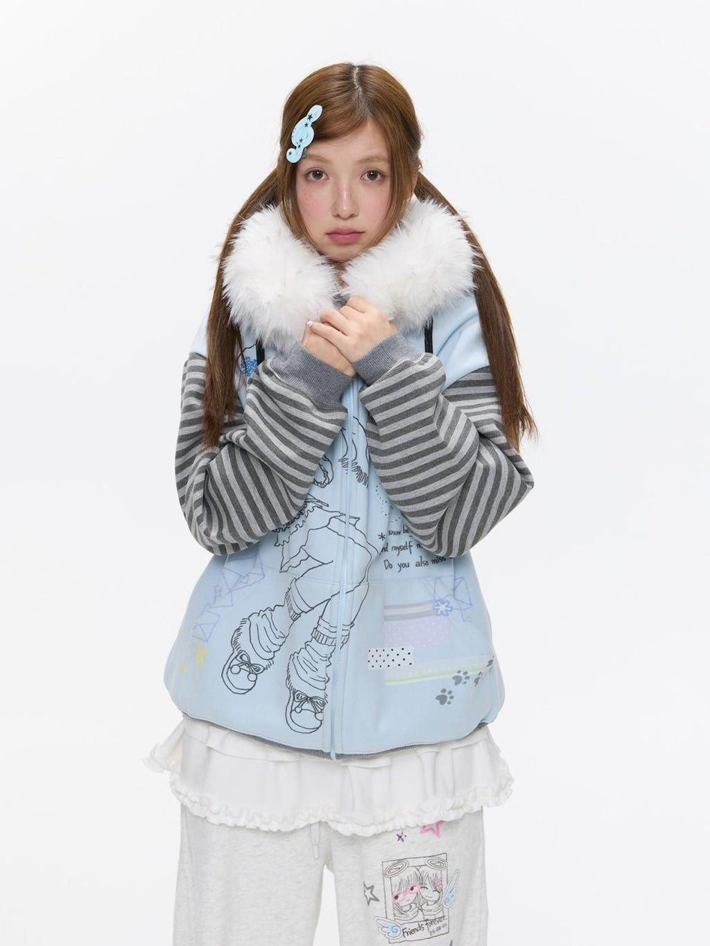 Sea Salt Blue Cartoon Print Rhinestone Hooded Women's Polyester Blend Hoodies
