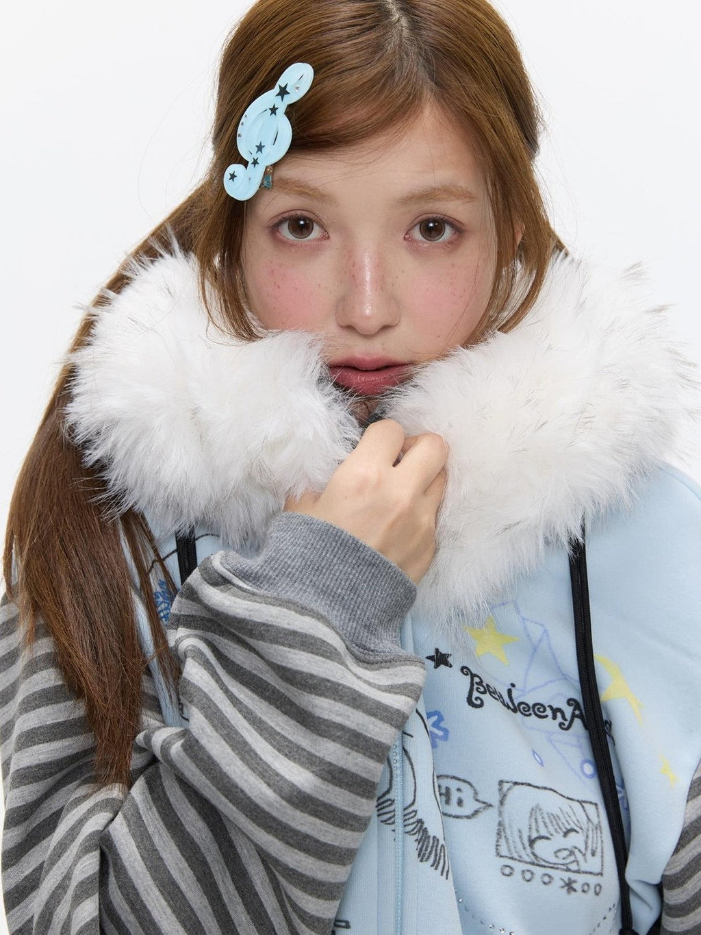 Sea Salt Blue Cartoon Print Rhinestone Hooded Women's Polyester Blend Hoodies