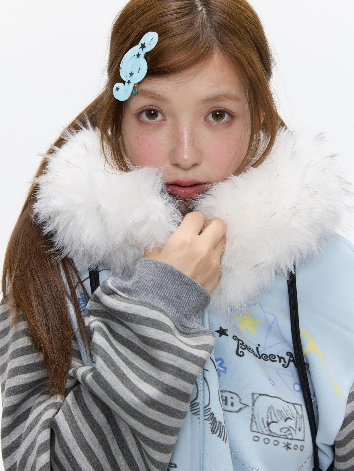 Sea Salt Blue Cartoon Print Rhinestone Hooded Women's Polyester Blend Hoodies
