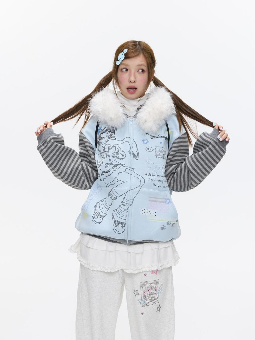 Sea Salt Blue Cartoon Print Rhinestone Hooded Women's Polyester Blend Hoodies