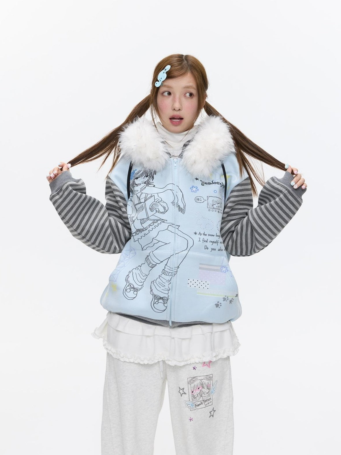 Sea Salt Blue Cartoon Print Rhinestone Hooded Women's Polyester Blend Hoodies