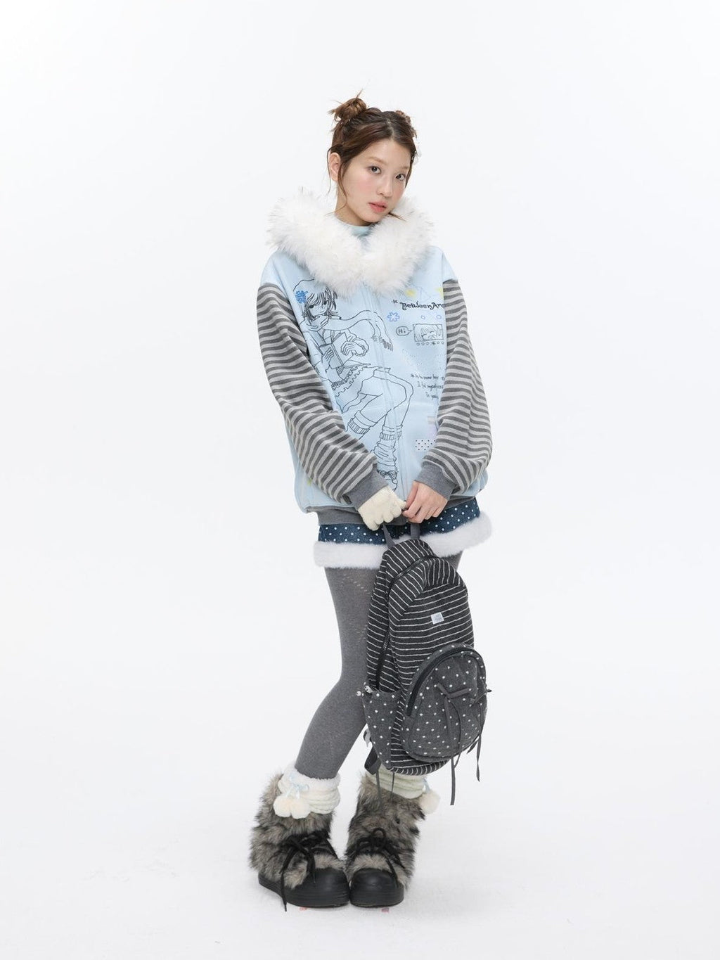 Sea Salt Blue Cartoon Print Rhinestone Hooded Women's Polyester Blend Hoodies