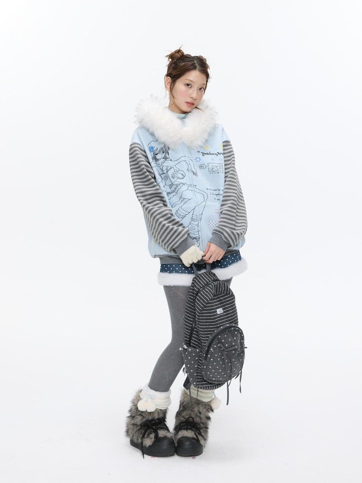 Sea Salt Blue Cartoon Print Rhinestone Hooded Women's Polyester Blend Hoodies
