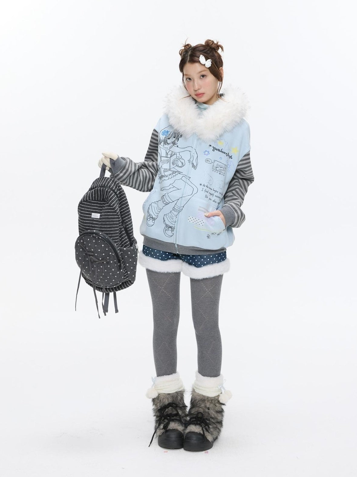 Sea Salt Blue Cartoon Print Rhinestone Hooded Women's Polyester Blend Hoodies