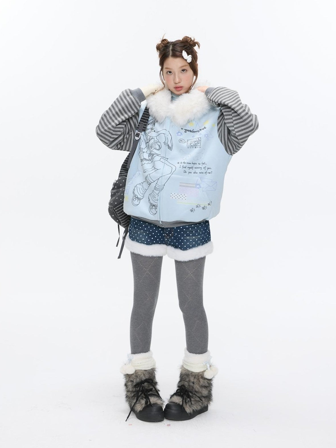 Sea Salt Blue Cartoon Print Rhinestone Hooded Women's Polyester Blend Hoodies