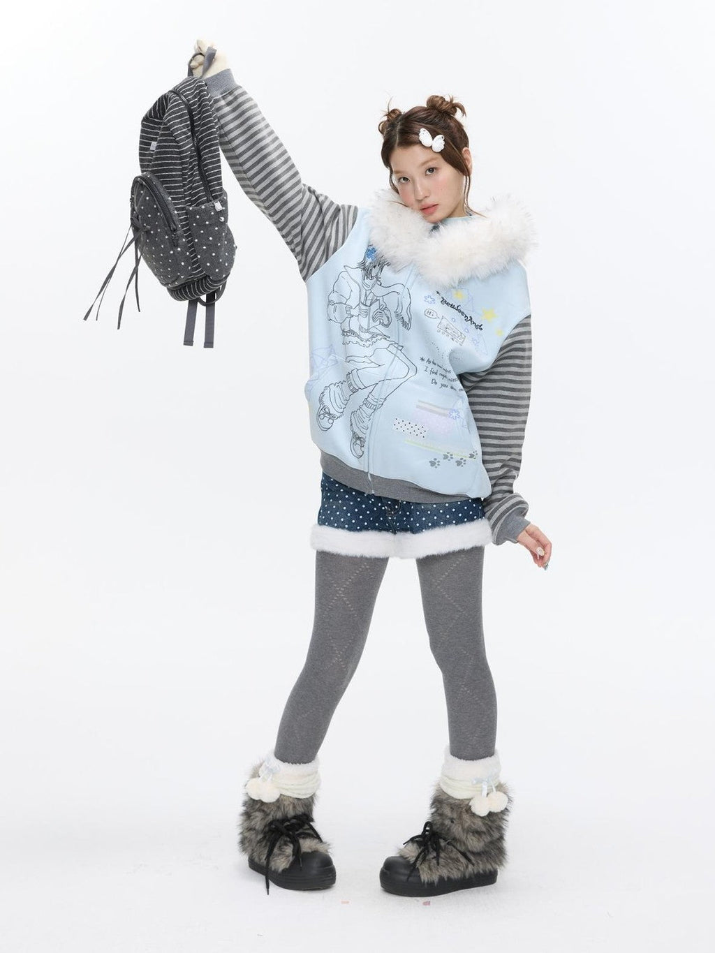 Sea Salt Blue Cartoon Print Rhinestone Hooded Women's Polyester Blend Hoodies