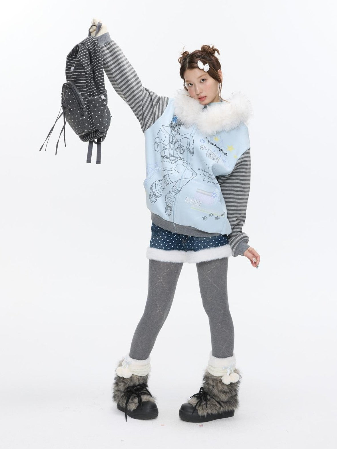 Sea Salt Blue Cartoon Print Rhinestone Hooded Women's Polyester Blend Hoodies