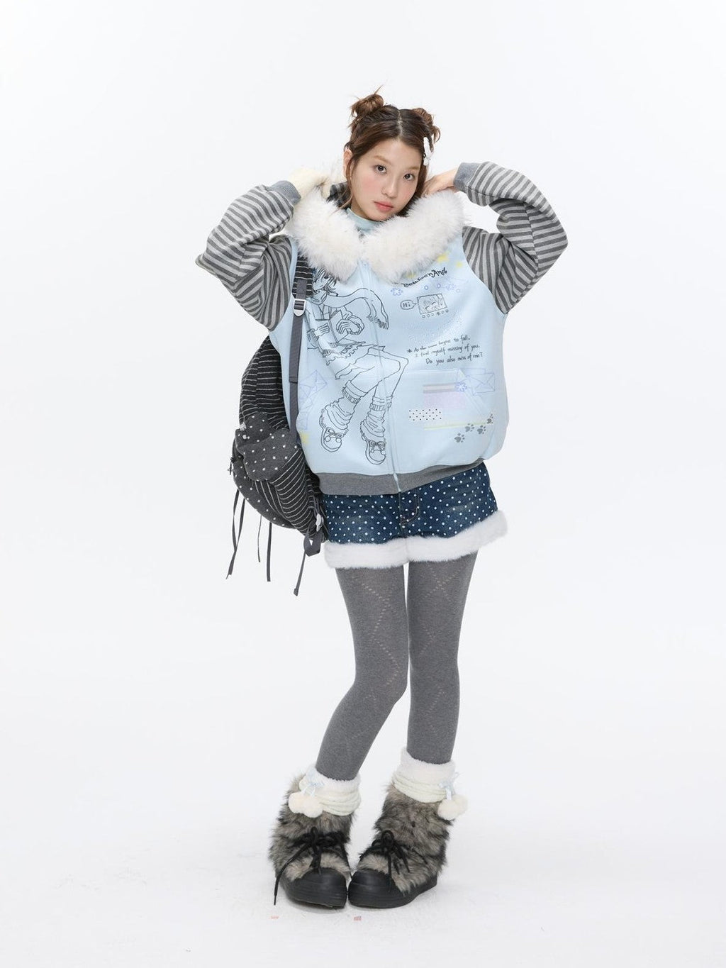 Sea Salt Blue Cartoon Print Rhinestone Hooded Women's Polyester Blend Hoodies