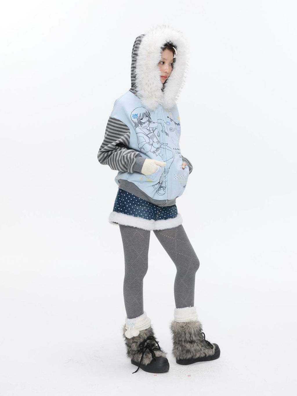 Sea Salt Blue Cartoon Print Rhinestone Hooded Women's Polyester Blend Hoodies