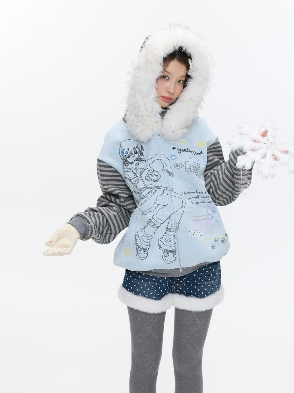 Sea Salt Blue Cartoon Print Rhinestone Hooded Women's Polyester Blend Hoodies