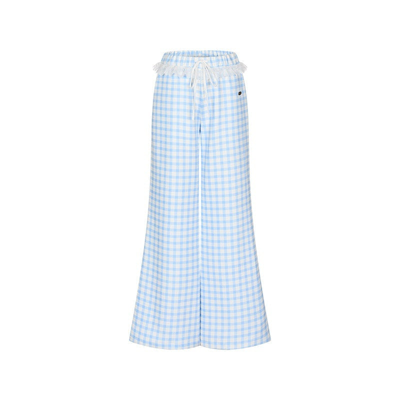 Sky Blue Plaid Lace Trim Slimming Women's 100 Percent Spandex Straight-leg Pants
