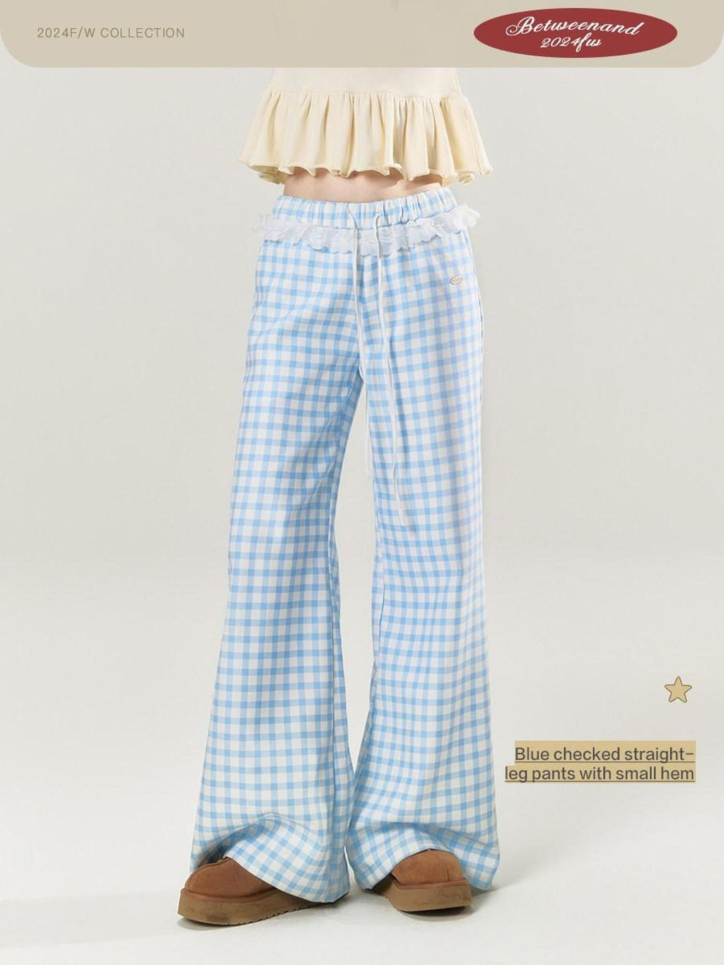 Sky Blue Plaid Lace Trim Slimming Women's 100 Percent Spandex Straight-leg Pants