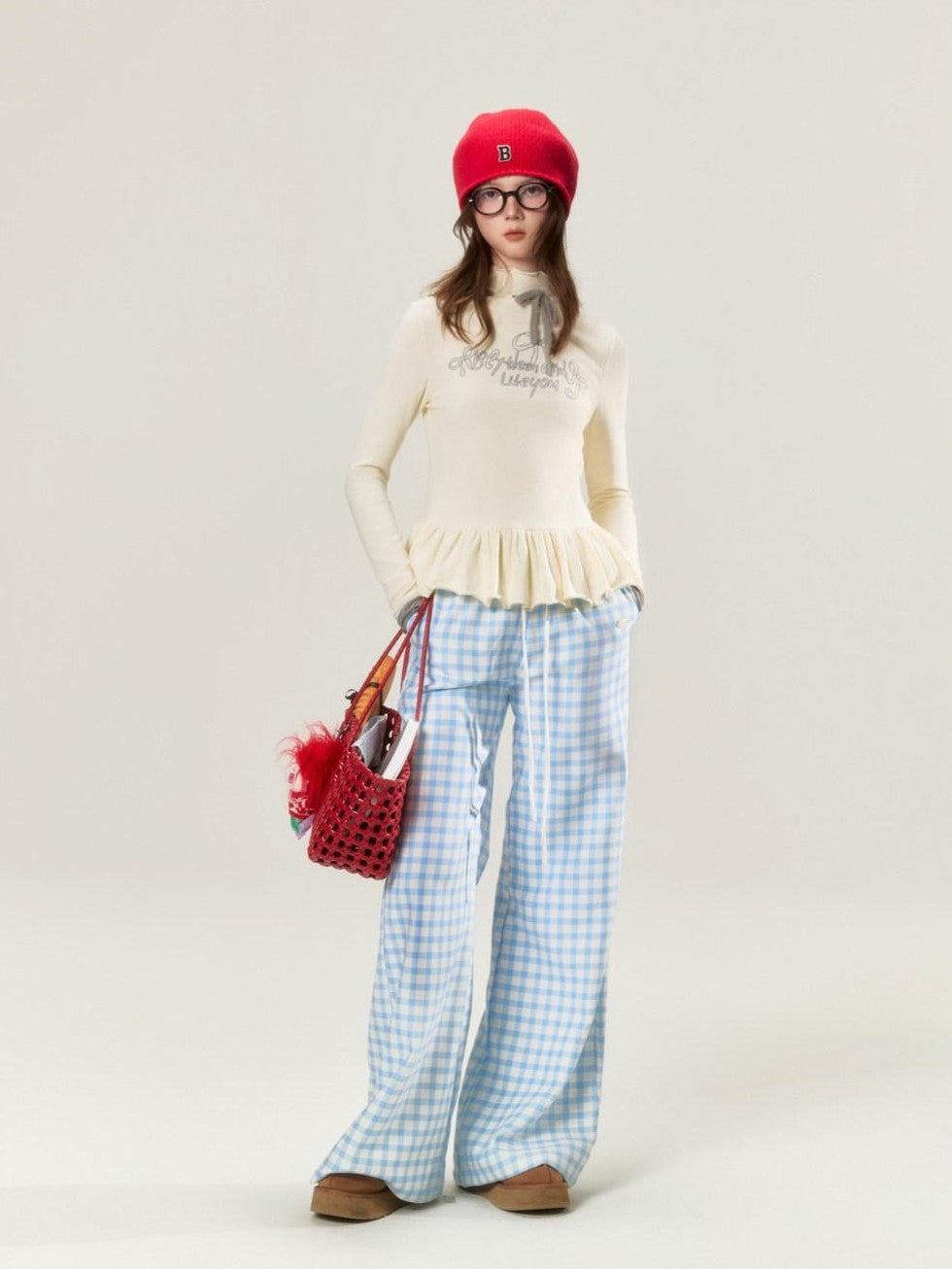 Sky Blue Plaid Lace Trim Slimming Women's 100 Percent Spandex Straight-leg Pants