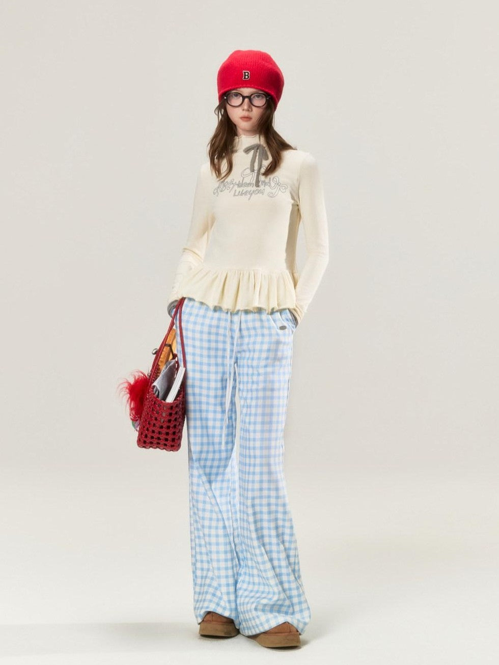 Sky Blue Plaid Lace Trim Slimming Women's 100 Percent Spandex Straight-leg Pants
