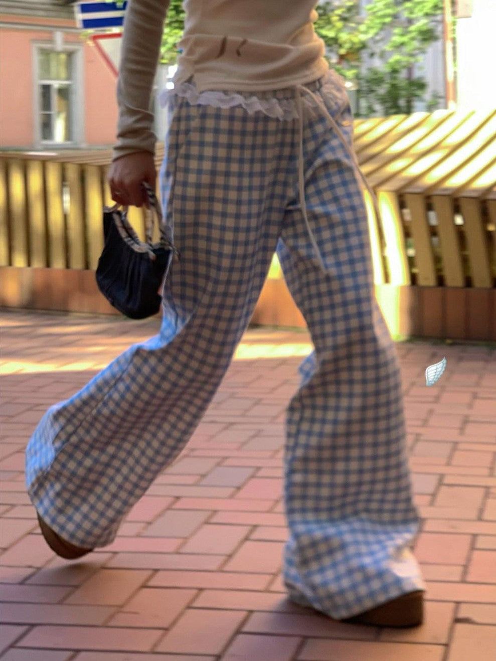 Sky Blue Plaid Lace Trim Slimming Women's 100 Percent Spandex Straight-leg Pants