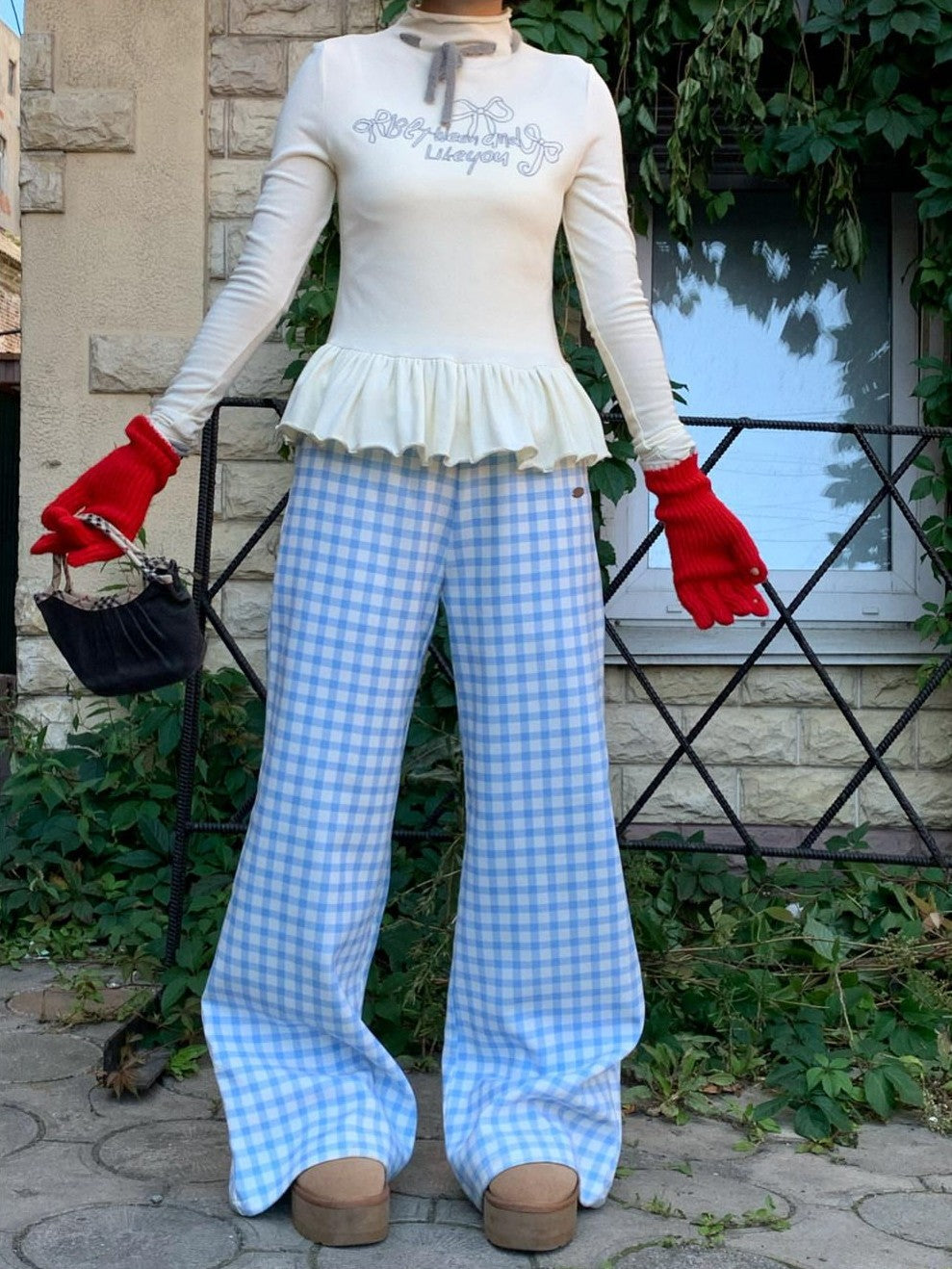 Sky Blue Plaid Lace Trim Slimming Women's 100 Percent Spandex Straight-leg Pants