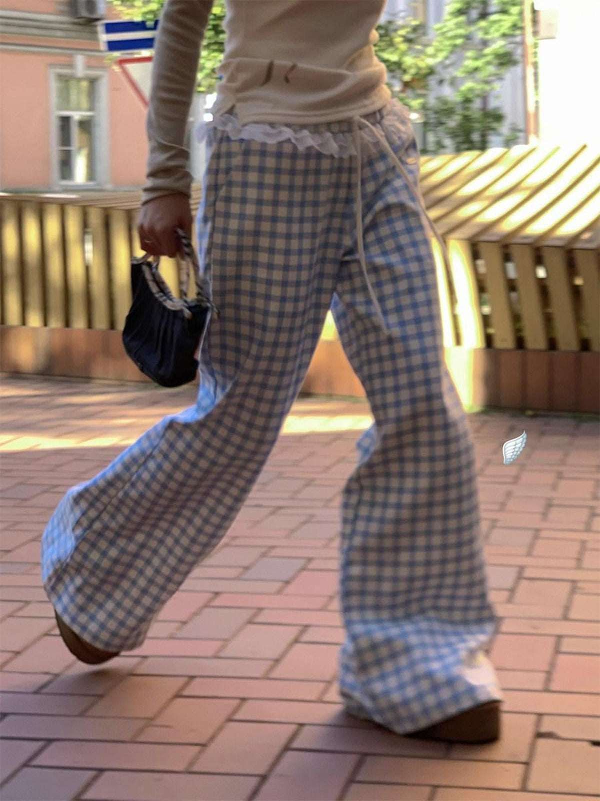 Sky Blue Plaid Lace Trim Slimming Women's 100 Percent Spandex Straight-leg Pants