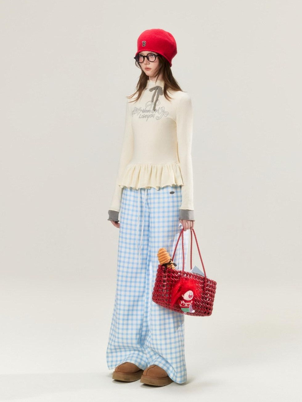 Sky Blue Plaid Lace Trim Slimming Women's 100 Percent Spandex Straight-leg Pants