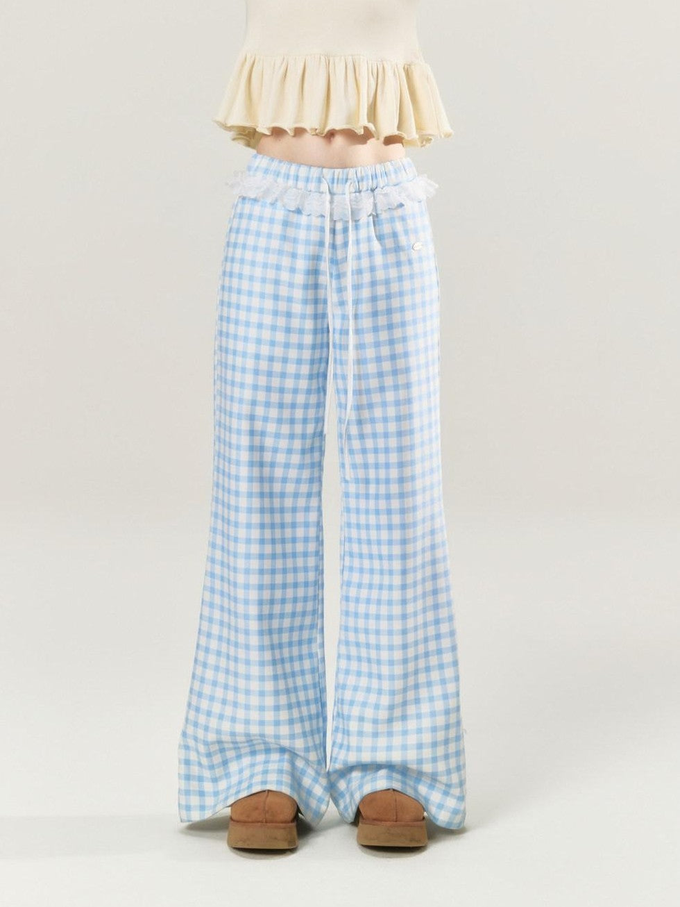 Sky Blue Plaid Lace Trim Slimming Women's 100 Percent Spandex Straight-leg Pants