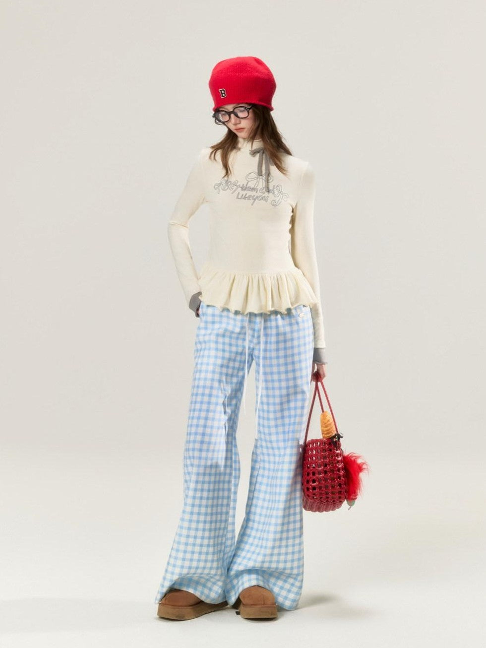 Sky Blue Plaid Lace Trim Slimming Women's 100 Percent Spandex Straight-leg Pants