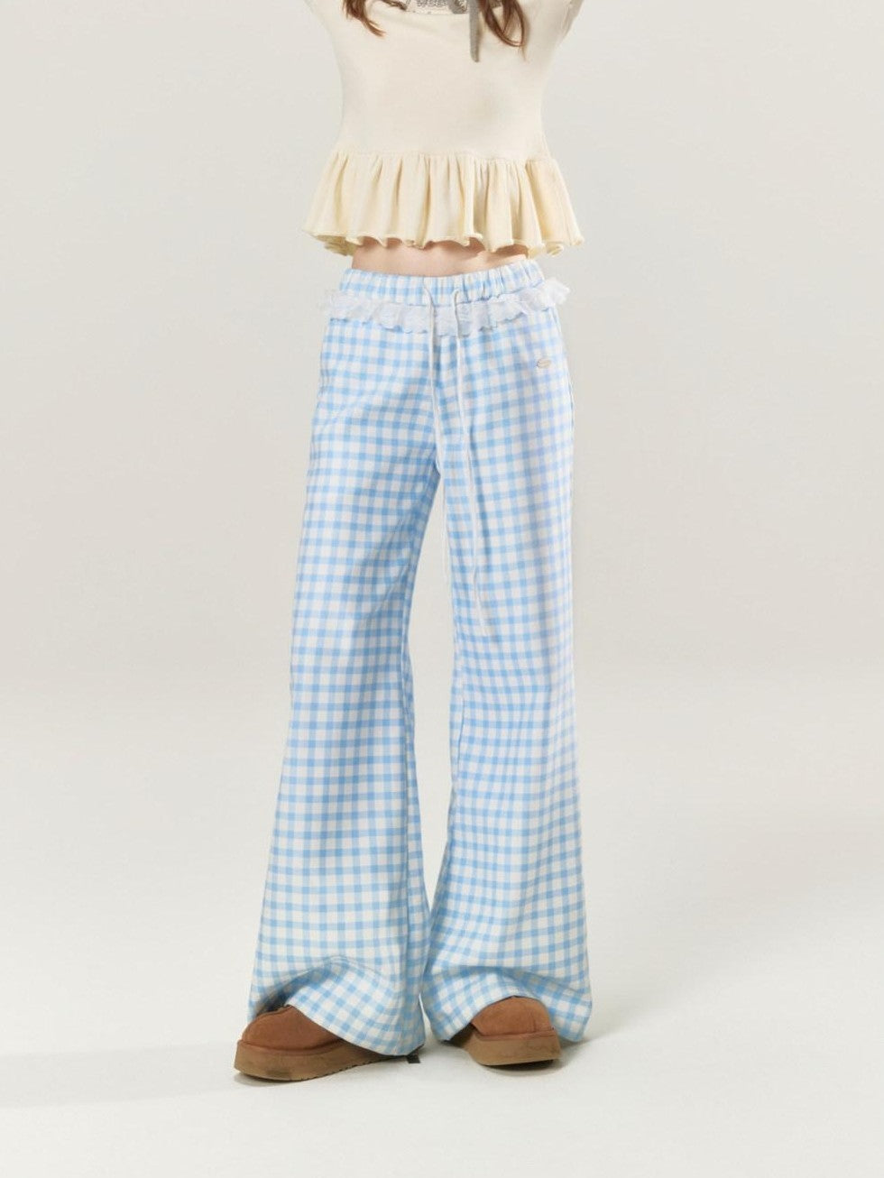 Sky Blue Plaid Lace Trim Slimming Women's 100 Percent Spandex Straight-leg Pants