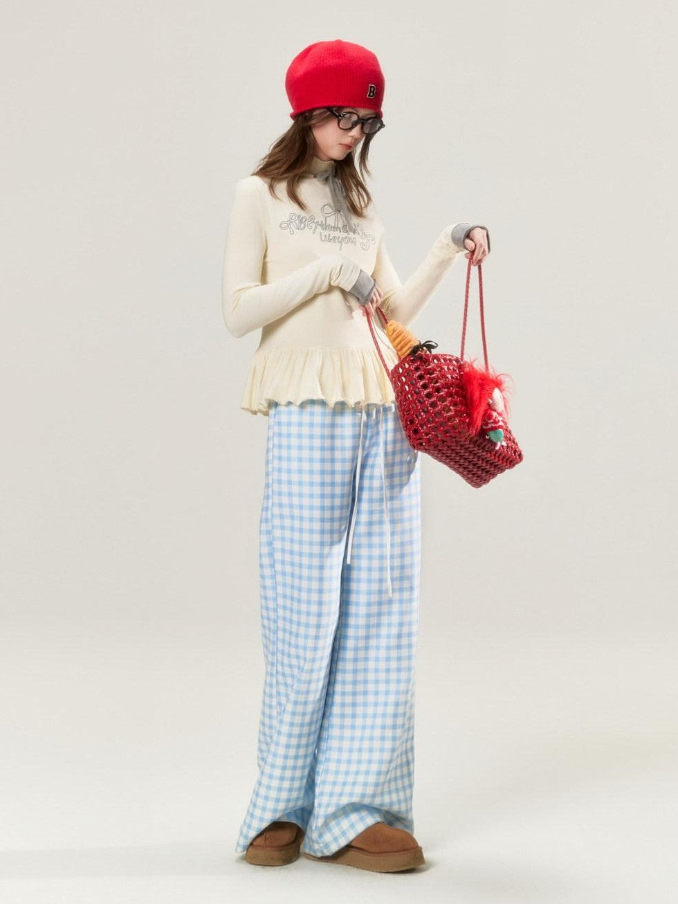 Sky Blue Plaid Lace Trim Slimming Women's 100 Percent Spandex Straight-leg Pants