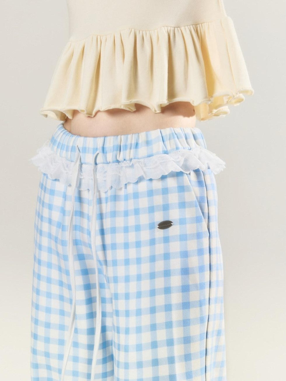 Sky Blue Plaid Lace Trim Slimming Women's 100 Percent Spandex Straight-leg Pants