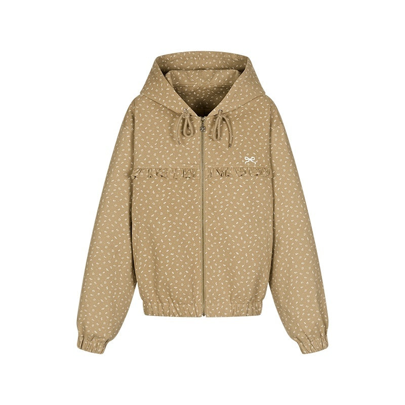 Small Floral Print Ruffle Trim Hooded Women's Cotton Casual Jackets