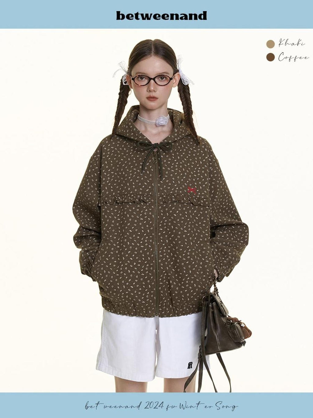 Small Floral Print Ruffle Trim Hooded Women's Cotton Casual Jackets