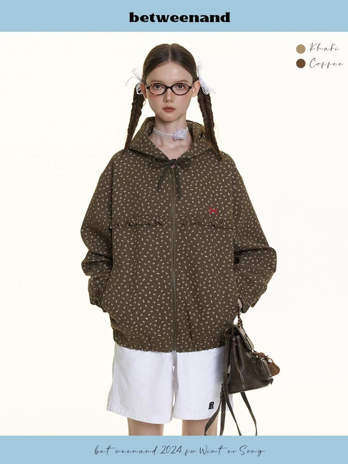 Small Floral Print Ruffle Trim Hooded Women's Cotton Casual Jackets