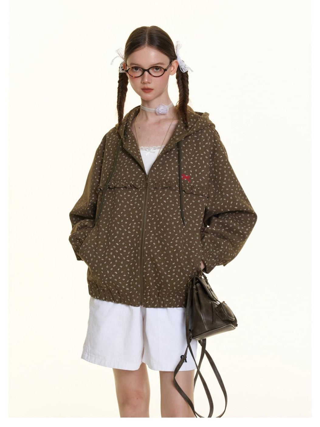 Small Floral Print Ruffle Trim Hooded Women's Cotton Casual Jackets