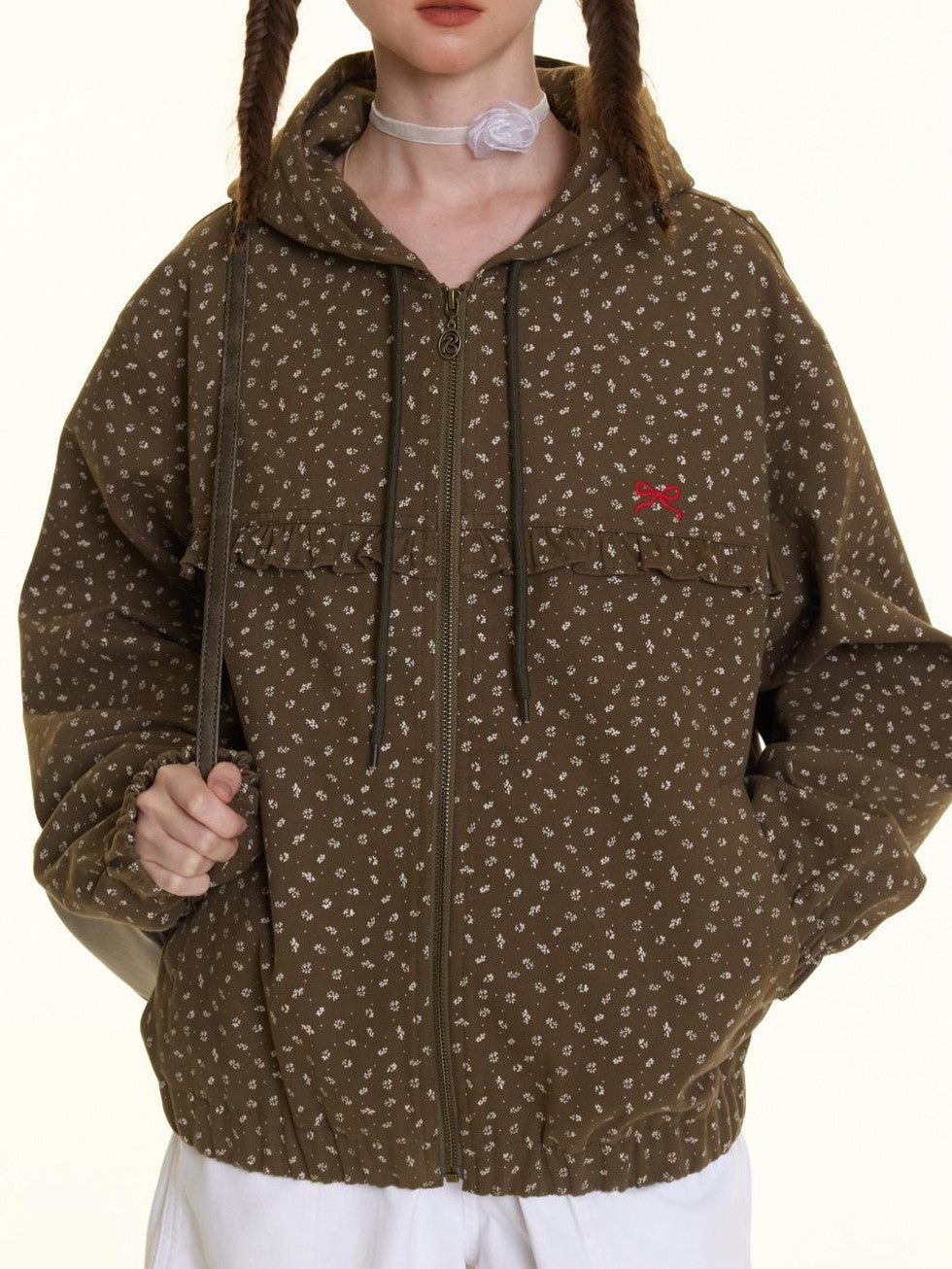Small Floral Print Ruffle Trim Hooded Women's Cotton Casual Jackets