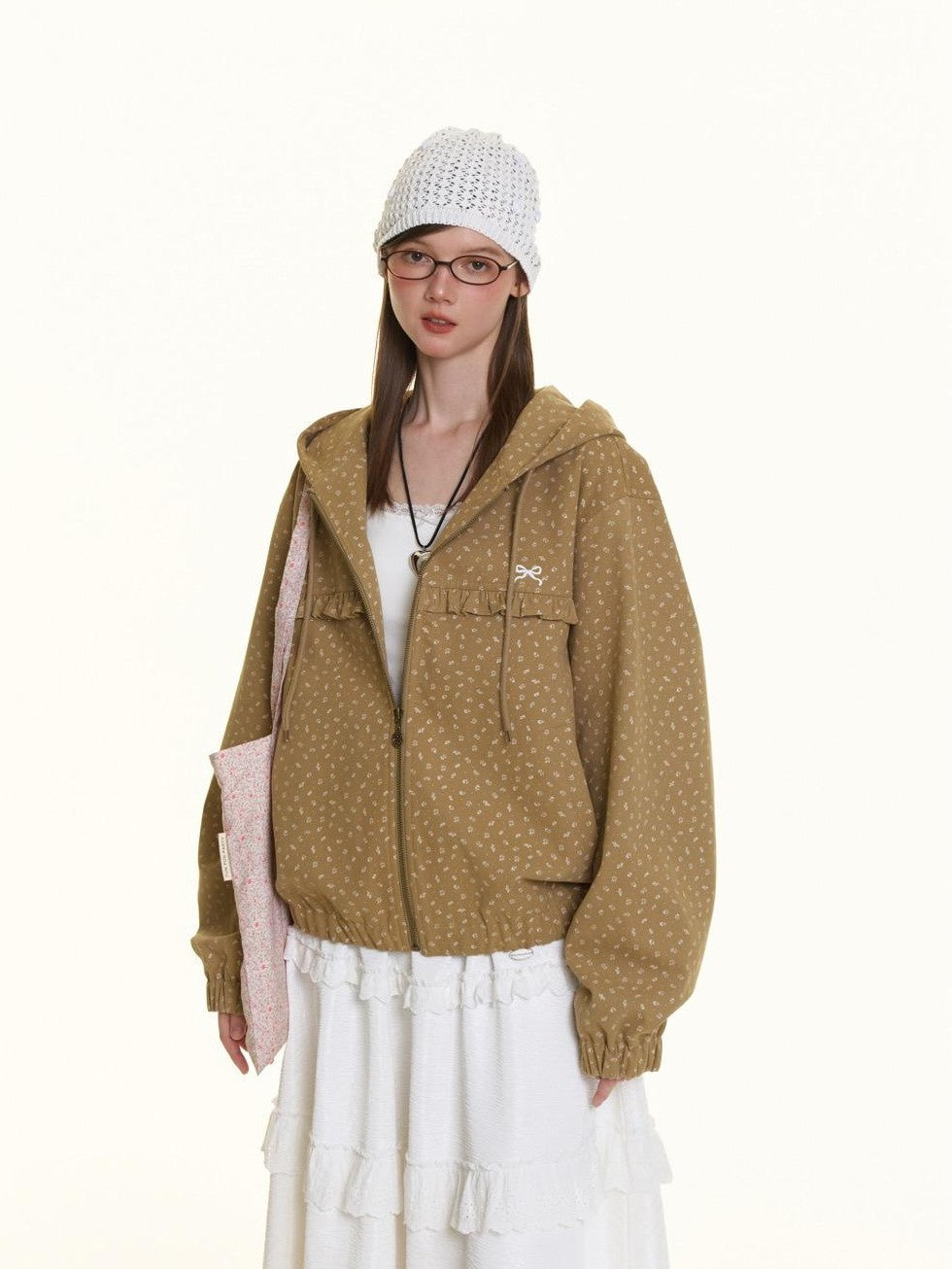 Small Floral Print Ruffle Trim Hooded Women's Cotton Casual Jackets