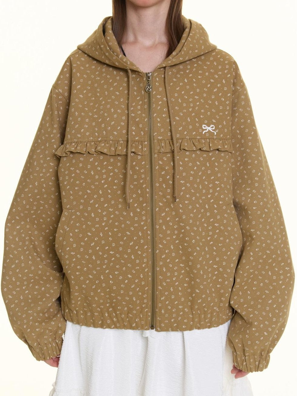Small Floral Print Ruffle Trim Hooded Women's Cotton Casual Jackets