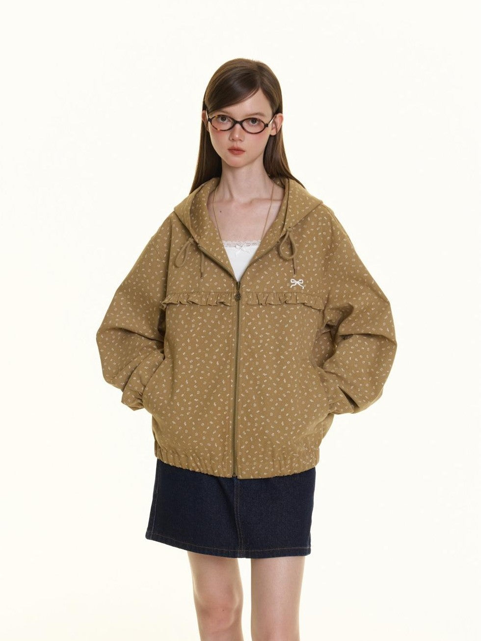 Small Floral Print Ruffle Trim Hooded Women's Cotton Casual Jackets
