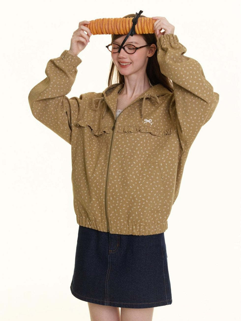 Small Floral Print Ruffle Trim Hooded Women's Cotton Casual Jackets