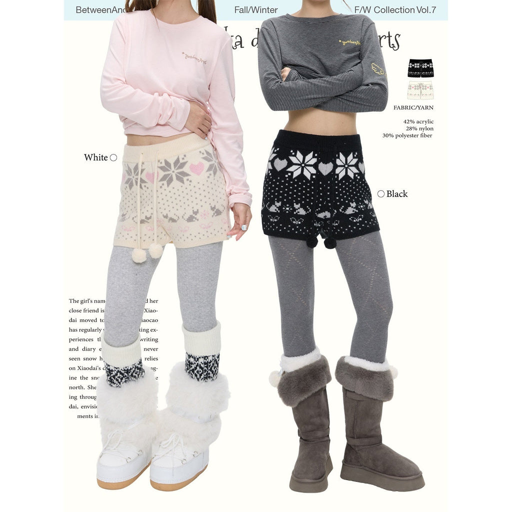 Snowflake Polka Vintage High Waist Knitted Women's Nylon Chino Shorts
