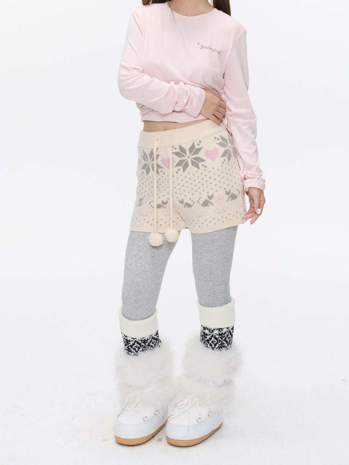 Snowflake Polka Vintage High Waist Knitted Women's Nylon Chino Shorts