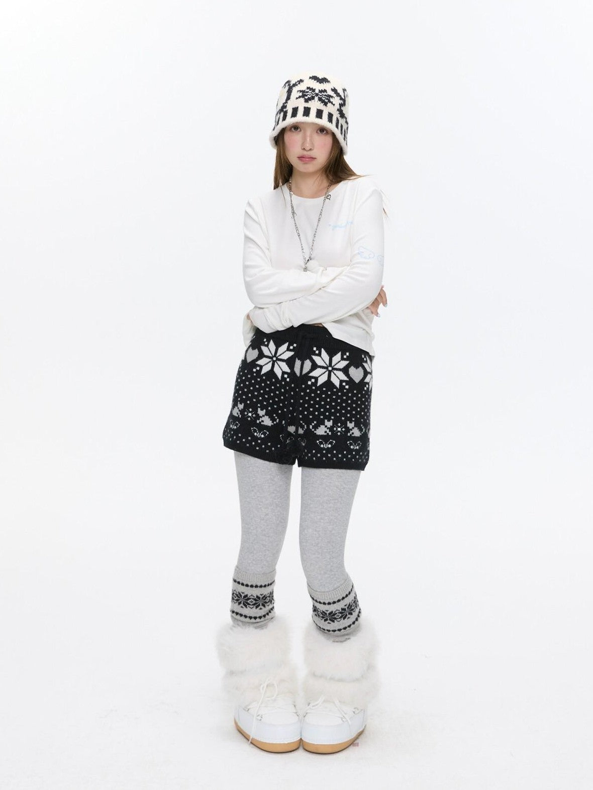 Snowflake Polka Vintage High Waist Knitted Women's Nylon Chino Shorts