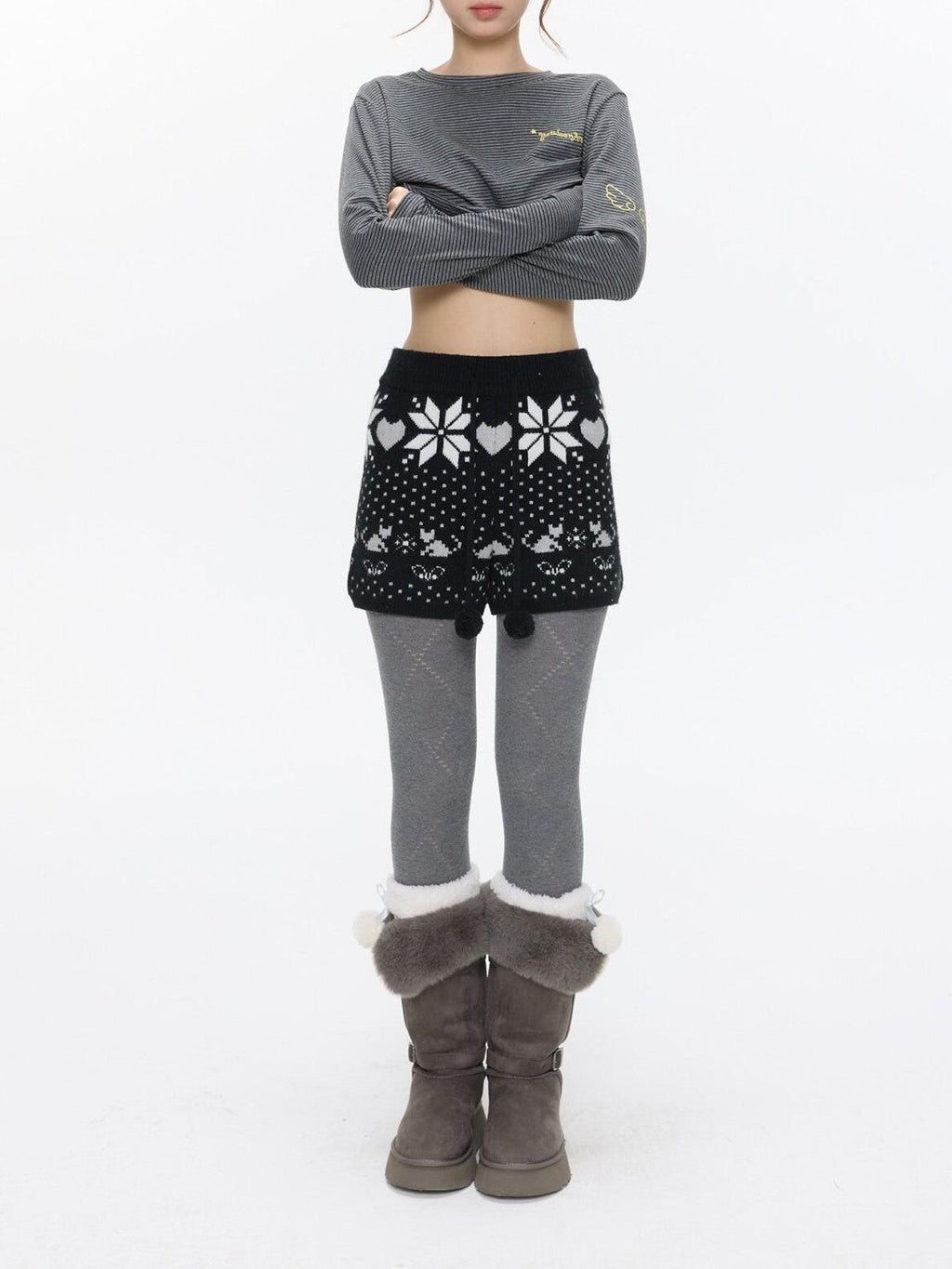 Snowflake Polka Vintage High Waist Knitted Women's Nylon Chino Shorts