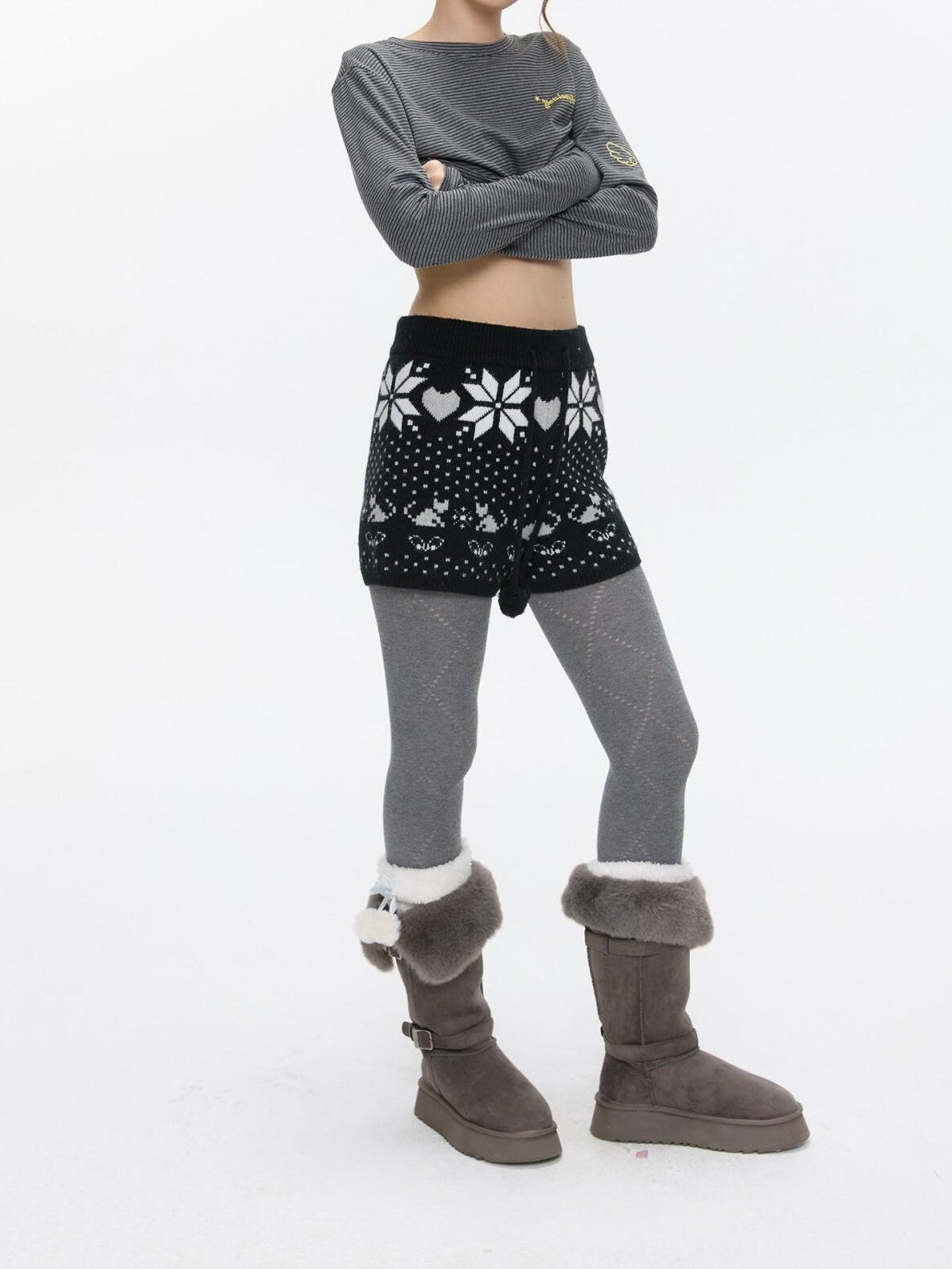Snowflake Polka Vintage High Waist Knitted Women's Nylon Chino Shorts