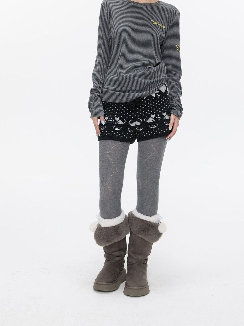 Snowflake Polka Vintage High Waist Knitted Women's Nylon Chino Shorts