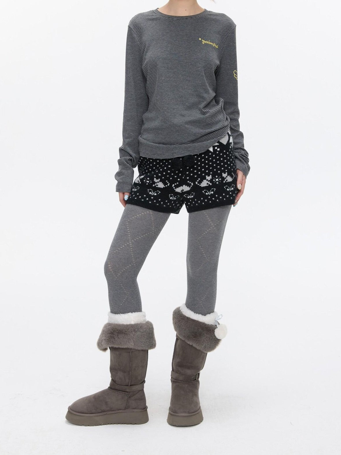 Snowflake Polka Vintage High Waist Knitted Women's Nylon Chino Shorts