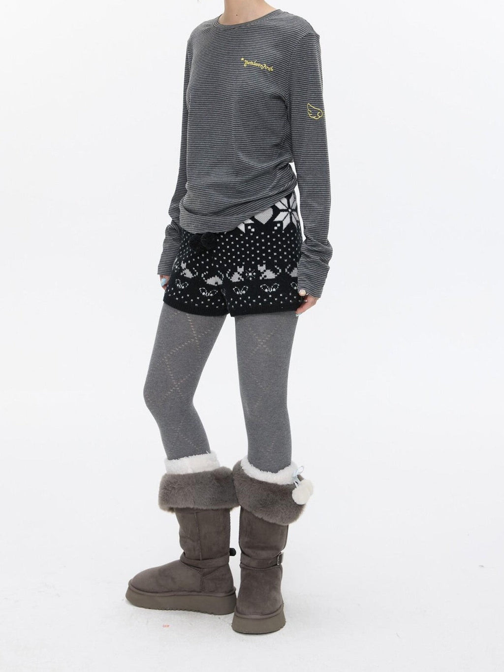Snowflake Polka Vintage High Waist Knitted Women's Nylon Chino Shorts