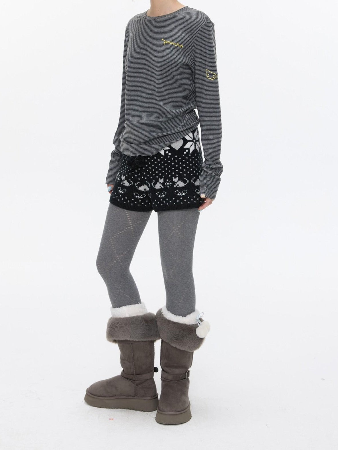 Snowflake Polka Vintage High Waist Knitted Women's Nylon Chino Shorts