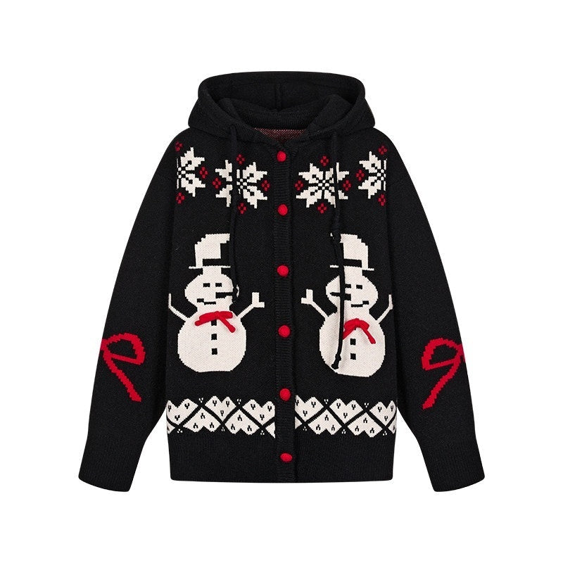 Snowman Bow Jacquard Embroidered Hooded Women's Acrylic Blend Button-up Cardigans