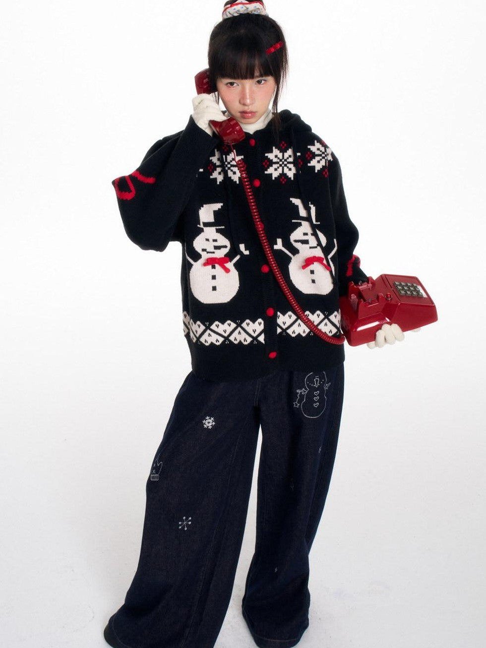 Snowman Bow Jacquard Embroidered Hooded Women's Acrylic Blend Button-up Cardigans