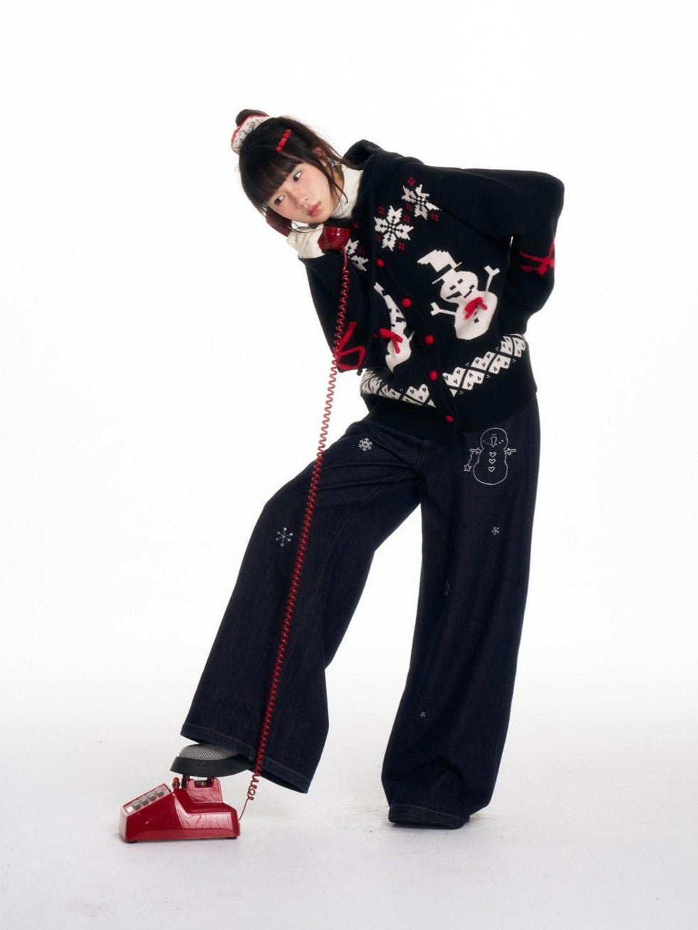 Snowman Bow Jacquard Embroidered Hooded Women's Acrylic Blend Button-up Cardigans