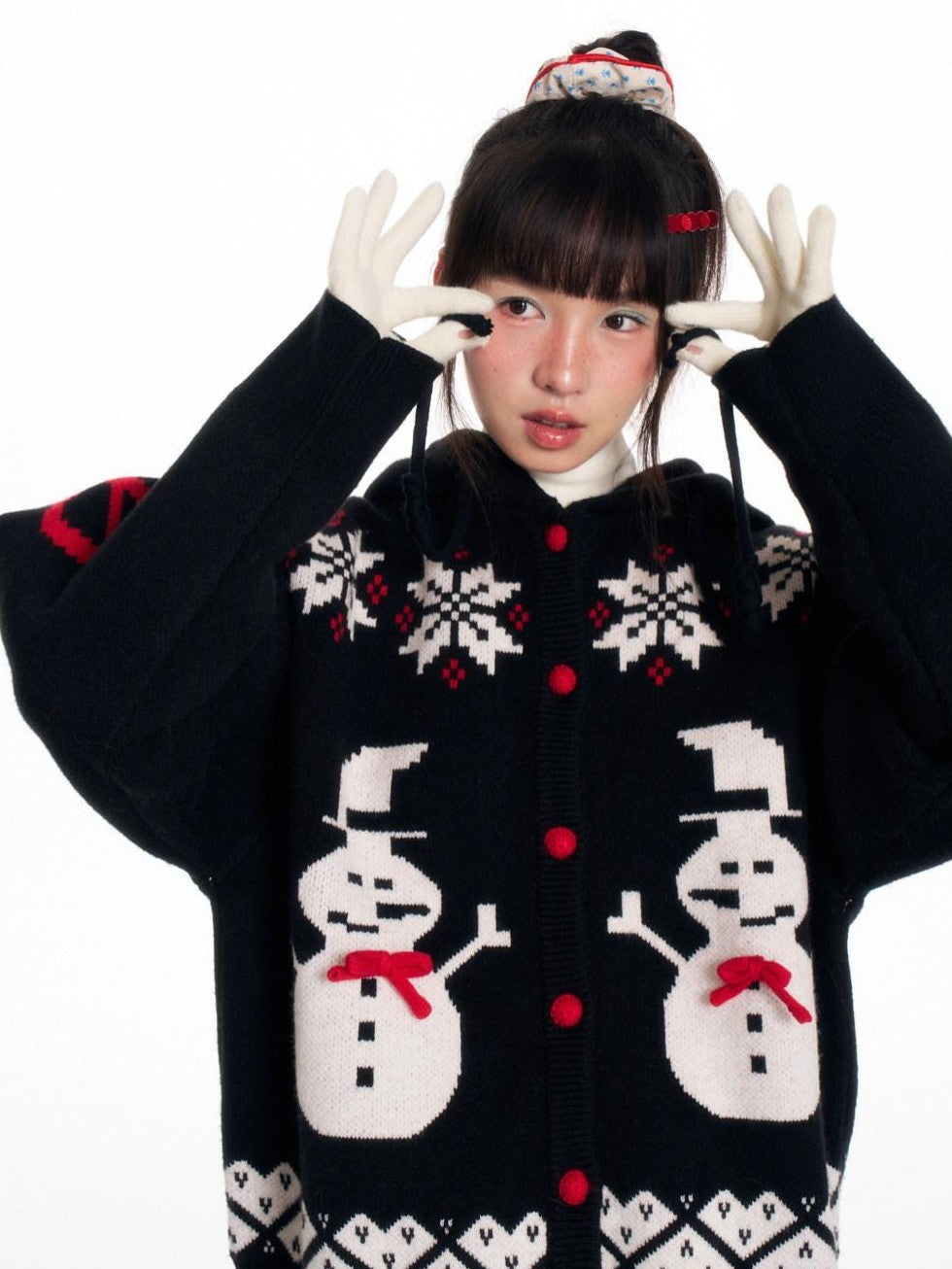 Snowman Bow Jacquard Embroidered Hooded Women's Acrylic Blend Button-up Cardigans