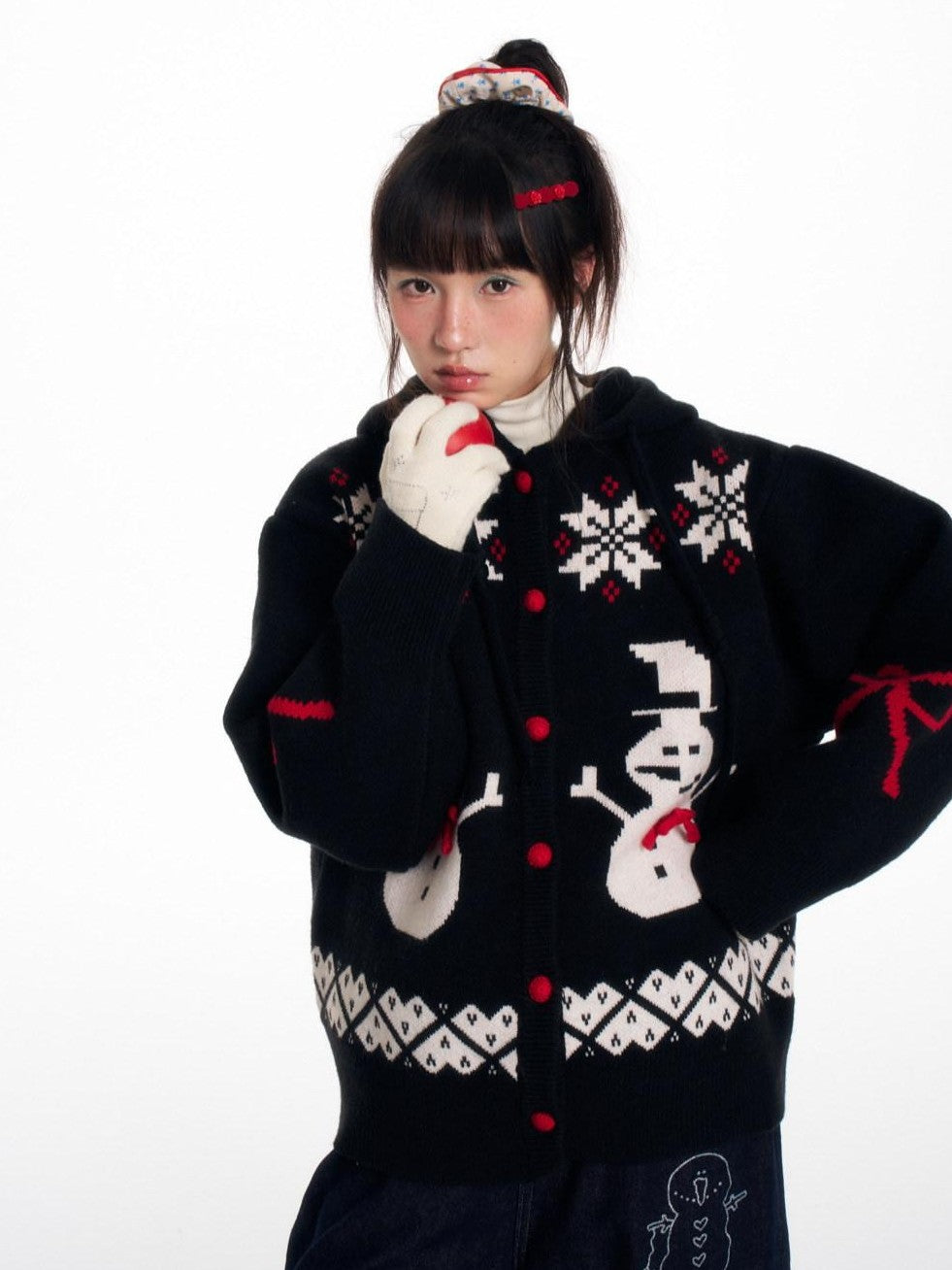 Snowman Bow Jacquard Embroidered Hooded Women's Acrylic Blend Button-up Cardigans